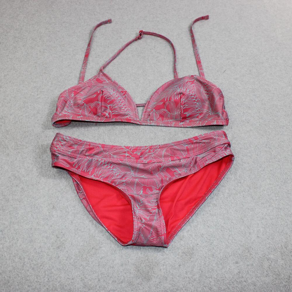 PrAna Bikini Set Women Medium Pink Palm Leaf Halter Two Piece Swim Tropical Hike
